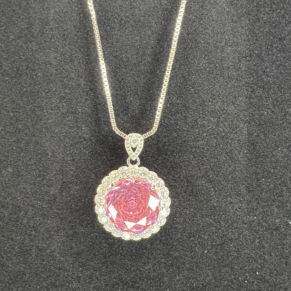 GORGEOUS Giant Pink Rose-Cut CZ & Moissanite Halo-Style Pendant 17 ctw 20” - Picture 2 of 13